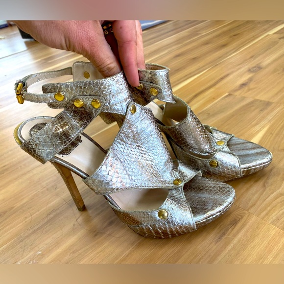 Christian Dior, iconic metallic gold, snakeskin, gladiator heels, 39 1/2 - Picture 2 of 6